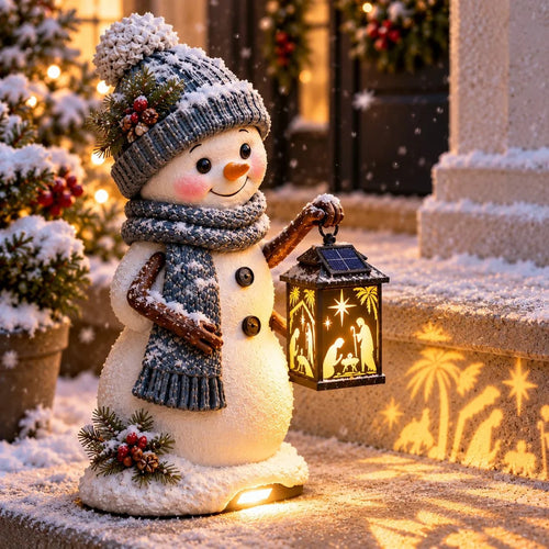 ⛄️🎄Snowman Nativity Glow – Solar Christmas Step Light with Holy Family Projection