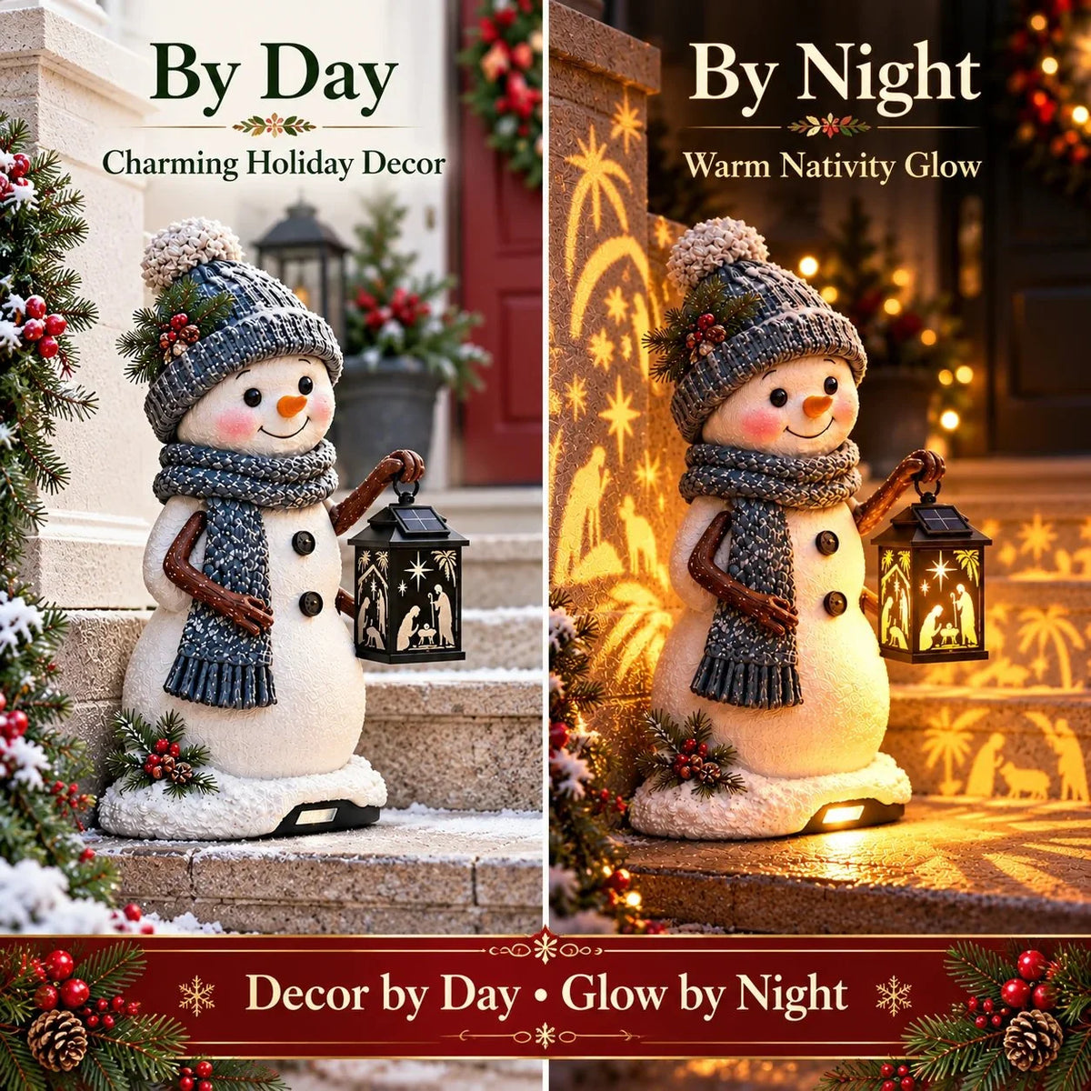 ⛄️🎄Snowman Nativity Glow – Solar Christmas Step Light with Holy Family Projection