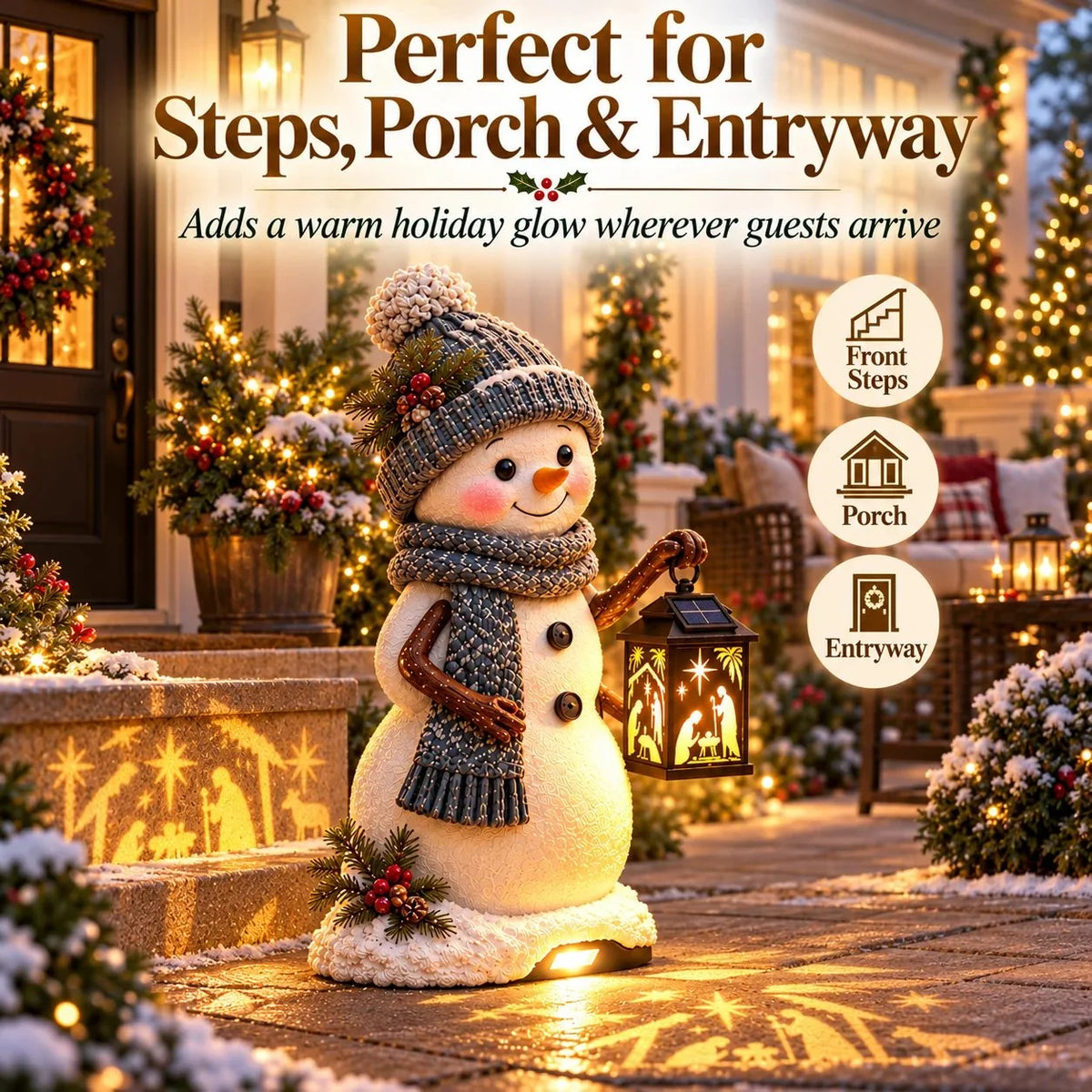 ⛄️🎄Snowman Nativity Glow – Solar Christmas Step Light with Holy Family Projection