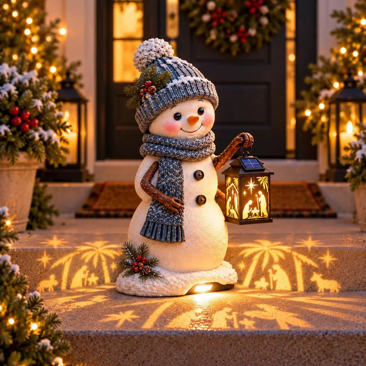 ⛄️🎄Snowman Nativity Glow – Solar Christmas Step Light with Holy Family Projection