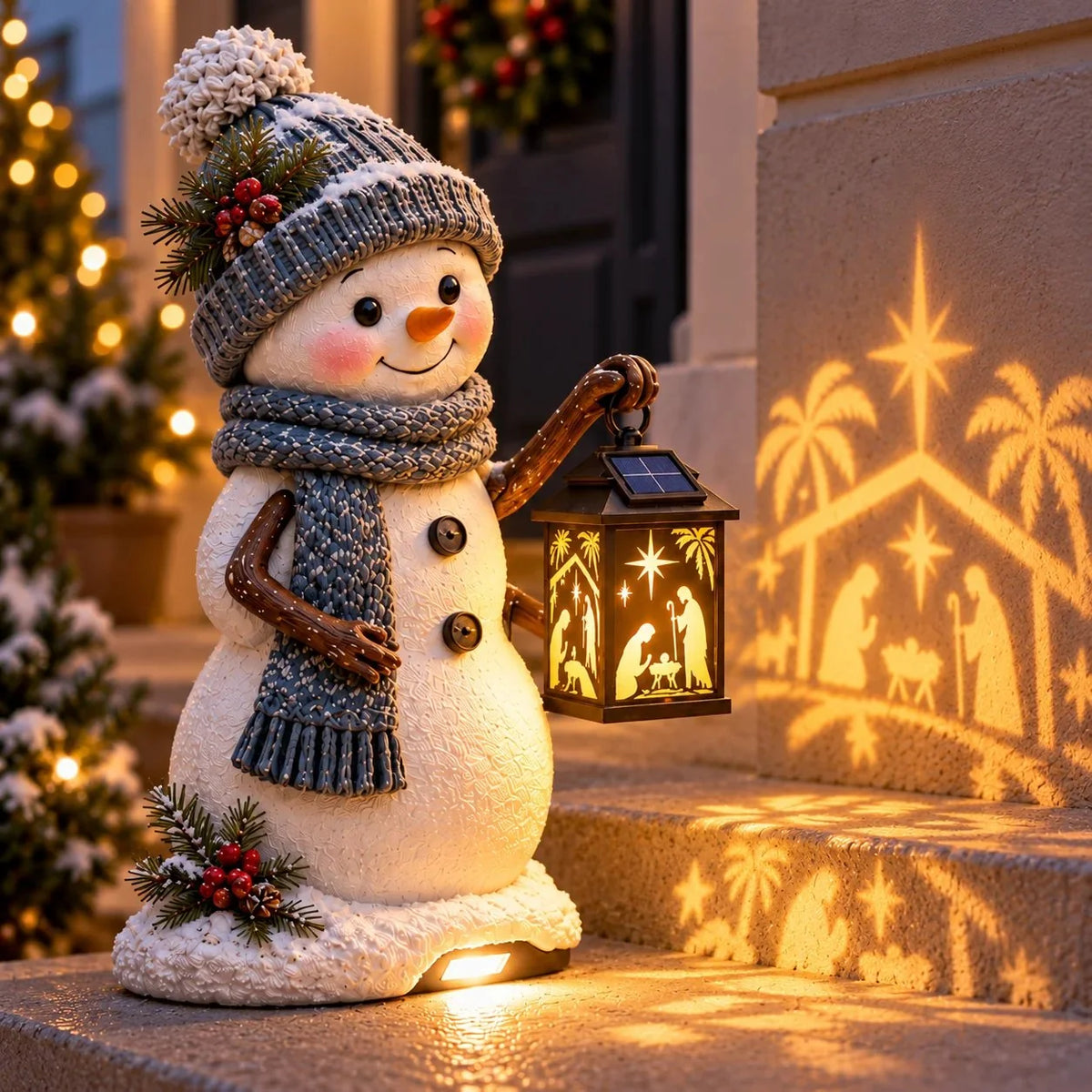 ⛄️🎄Snowman Nativity Glow – Solar Christmas Step Light with Holy Family Projection