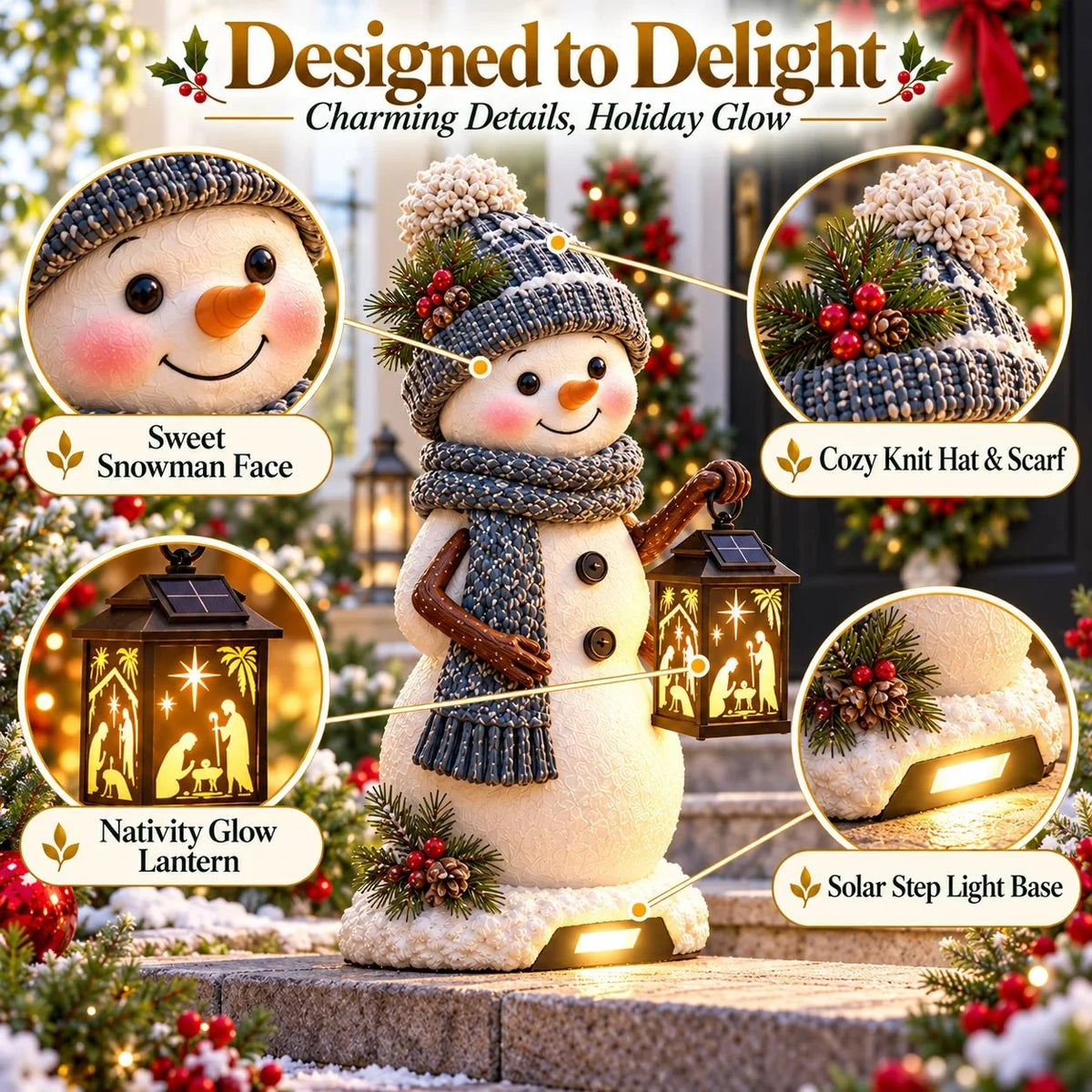 ⛄️🎄Snowman Nativity Glow – Solar Christmas Step Light with Holy Family Projection