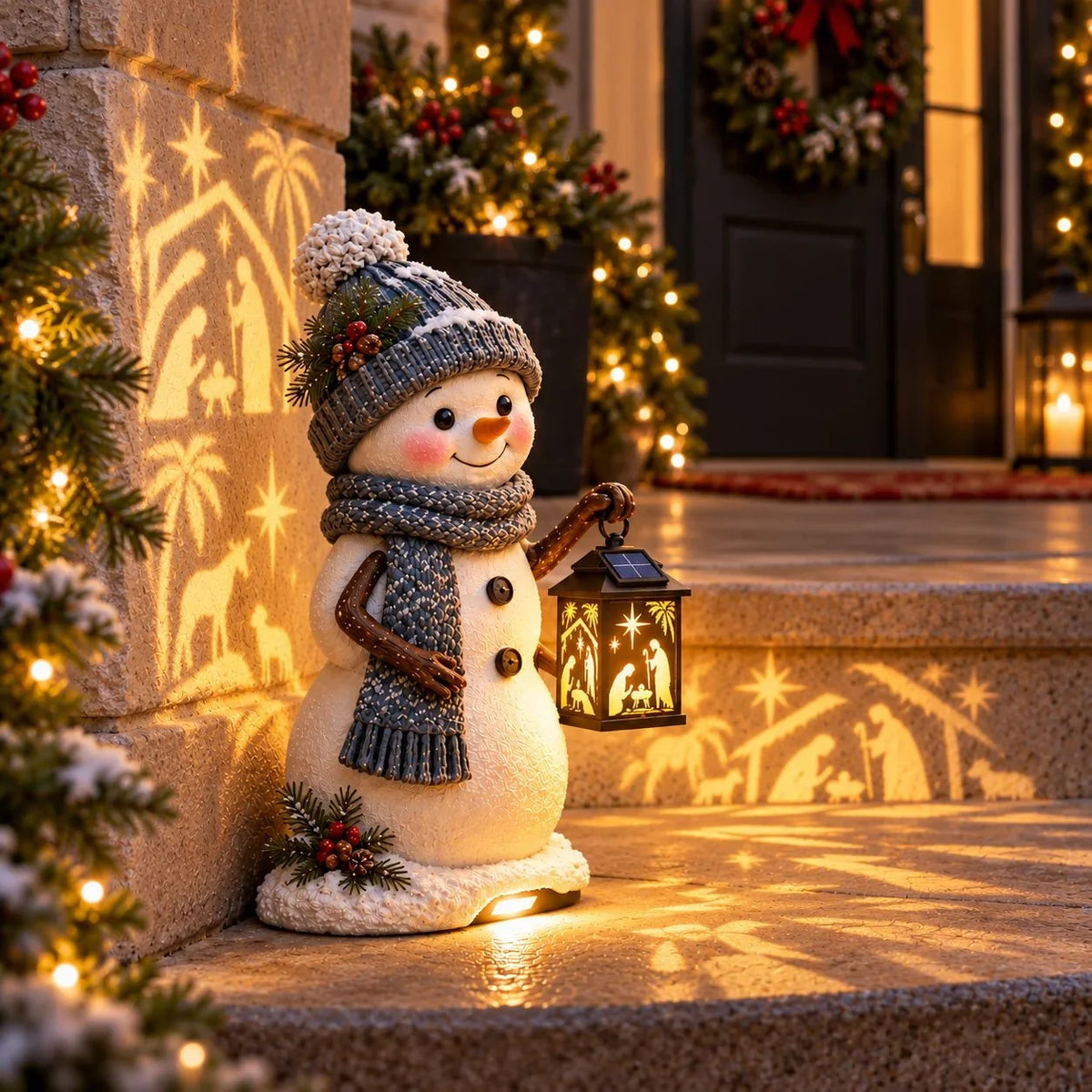 ⛄️🎄Snowman Nativity Glow – Solar Christmas Step Light with Holy Family Projection
