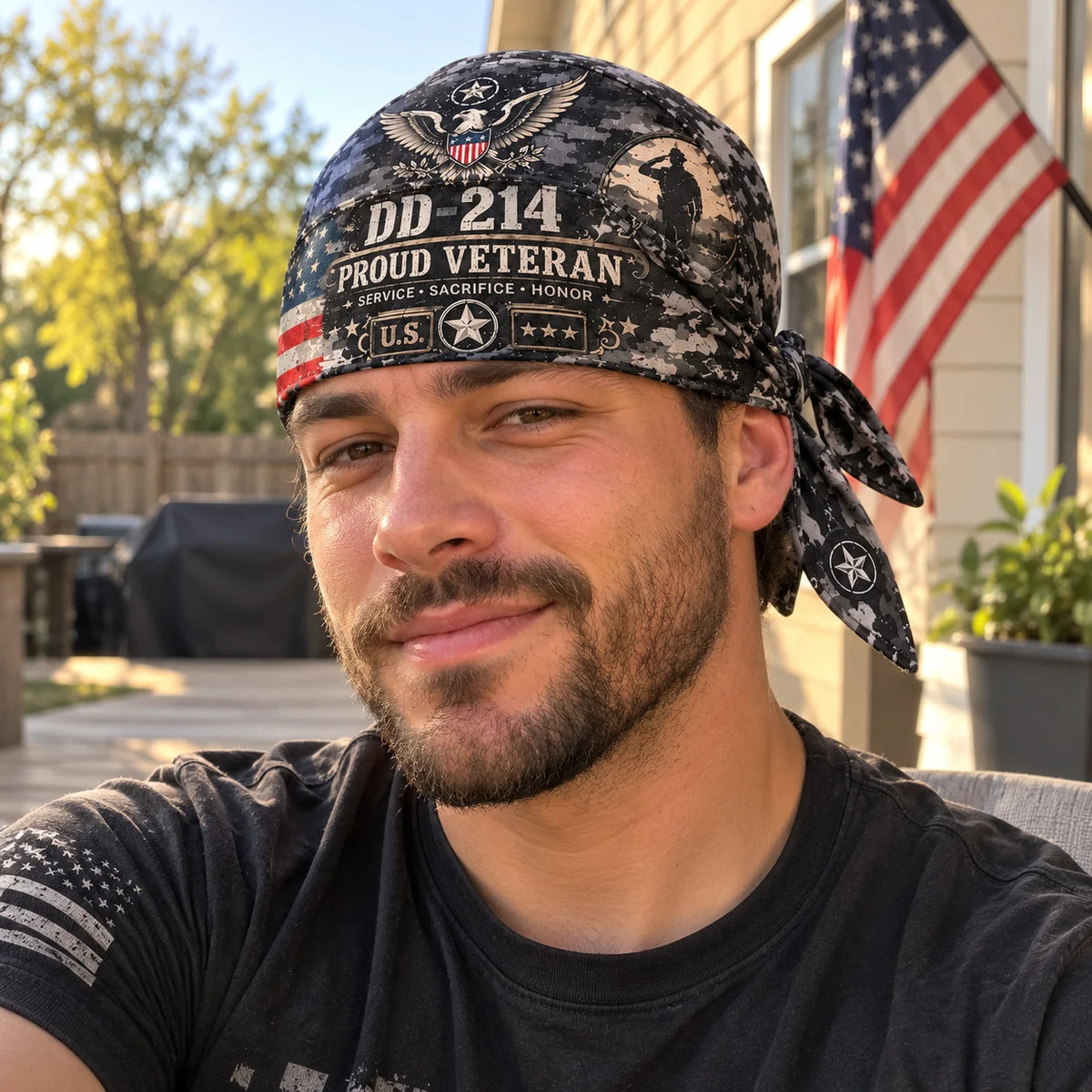 100% Handmade DD-214 Proud Veteran Camo Head Wrap Cap