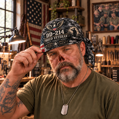 100% Handmade DD-214 Proud Veteran Camo Head Wrap Cap