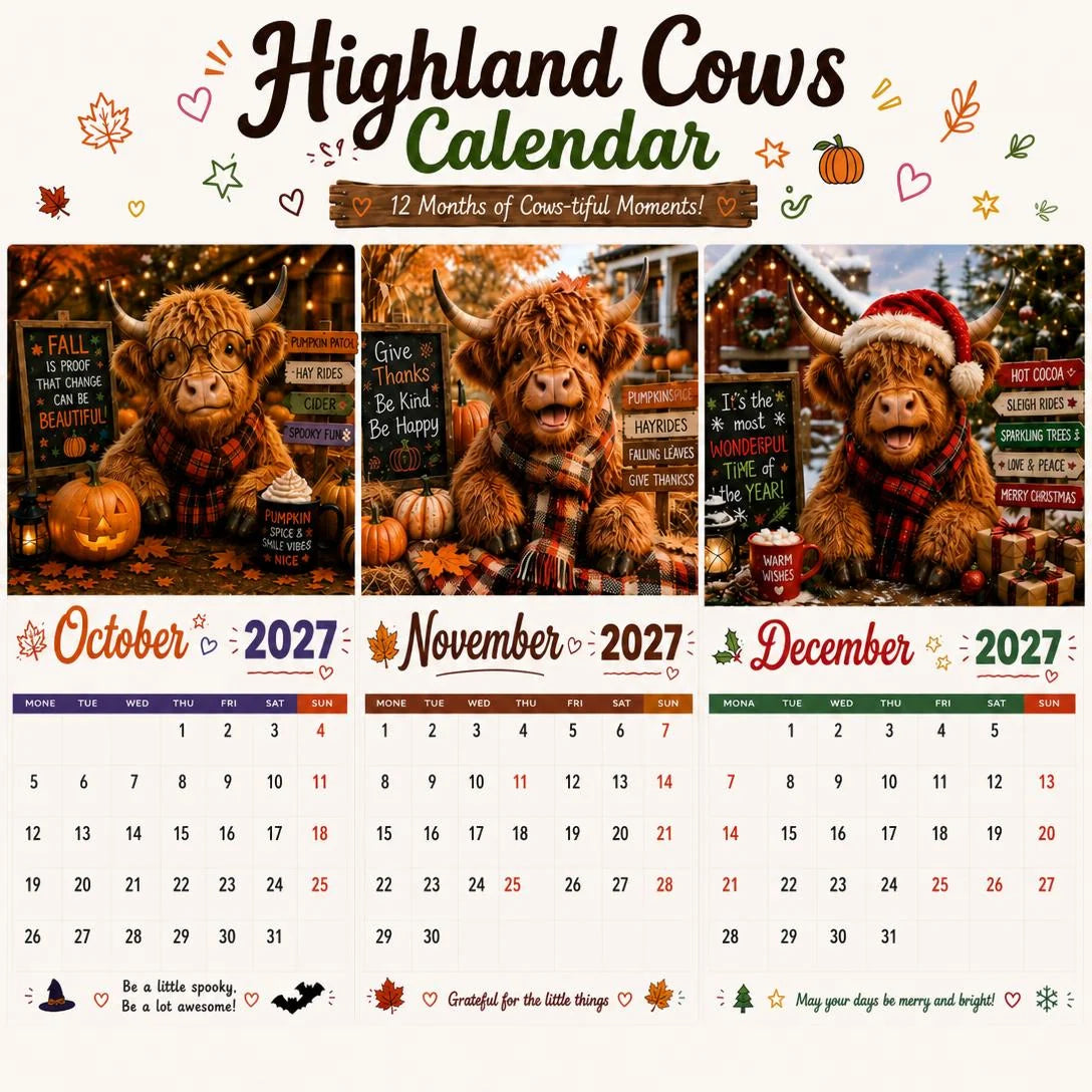 🐮🎁2027 Funny Highland Cows Wall Calendar | A4 Hanging Calendar