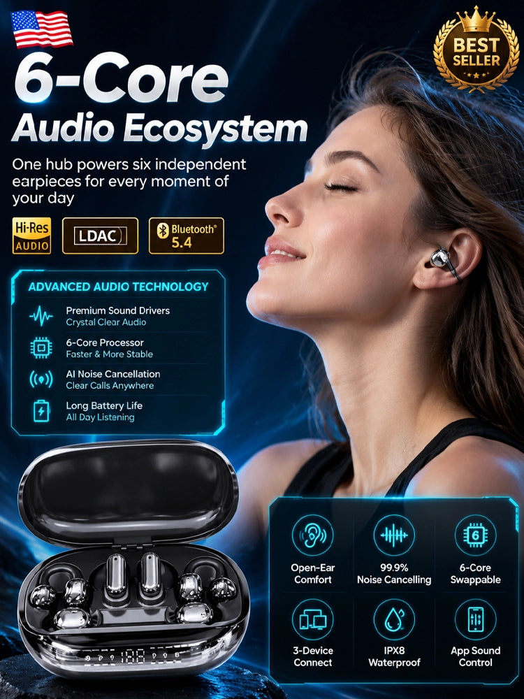 【💥 Limited-time 50% off sale】🔥 6-Piece True Wireless Earbuds | 3 Multi-Use Modes | 200 Hours Battery | LED Power Display 🎵