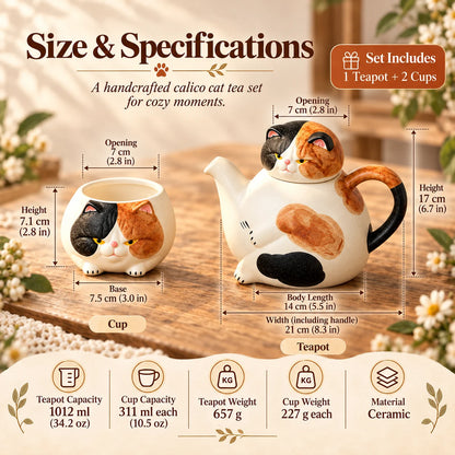 Handcrafted Calico Cat Teapot & Cup Set