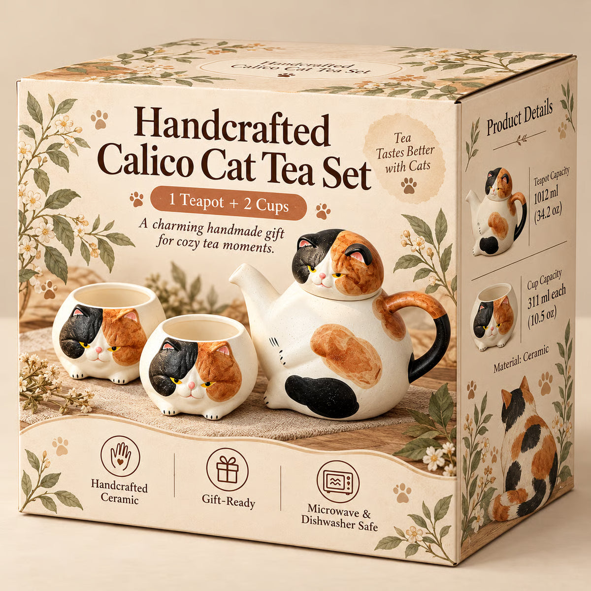 Handcrafted Calico Cat Teapot & Cup Set