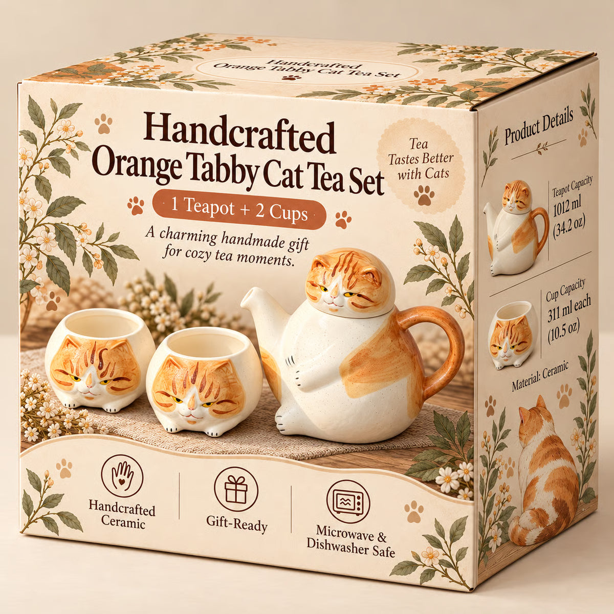 Handcrafted Calico Cat Teapot & Cup Set