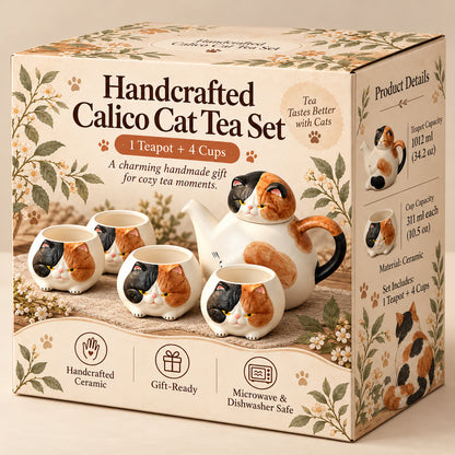Handcrafted Calico Cat Teapot & Cup Set
