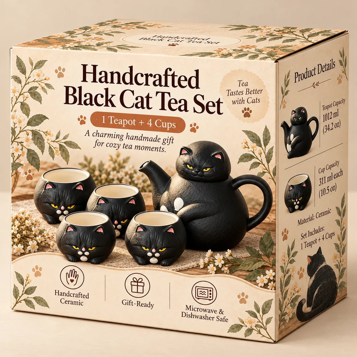Handcrafted Calico Cat Teapot & Cup Set