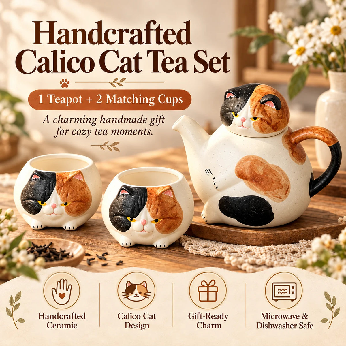 Handcrafted Calico Cat Teapot & Cup Set