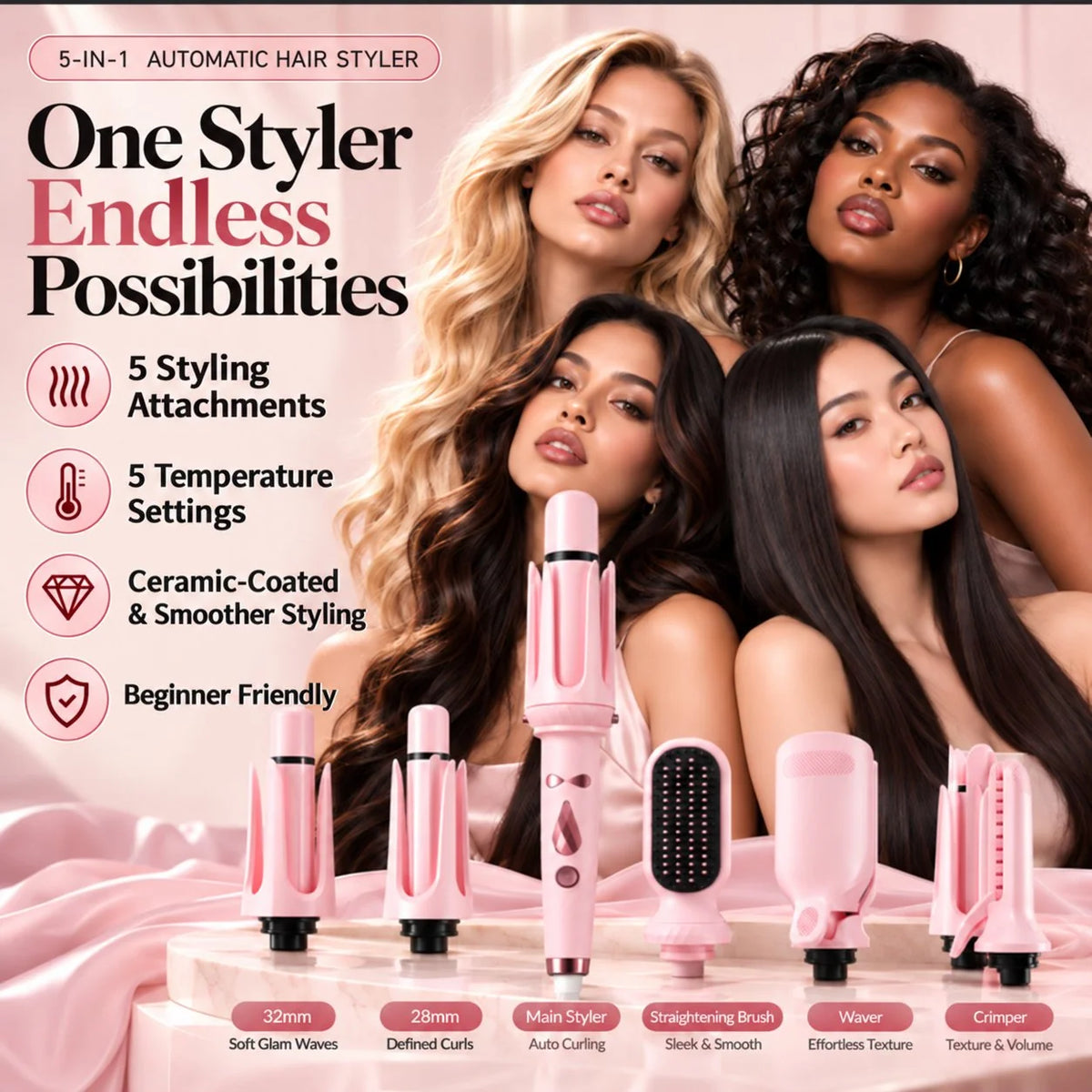🎀 5-in-1 Hair Styler for Curls, Waves & More