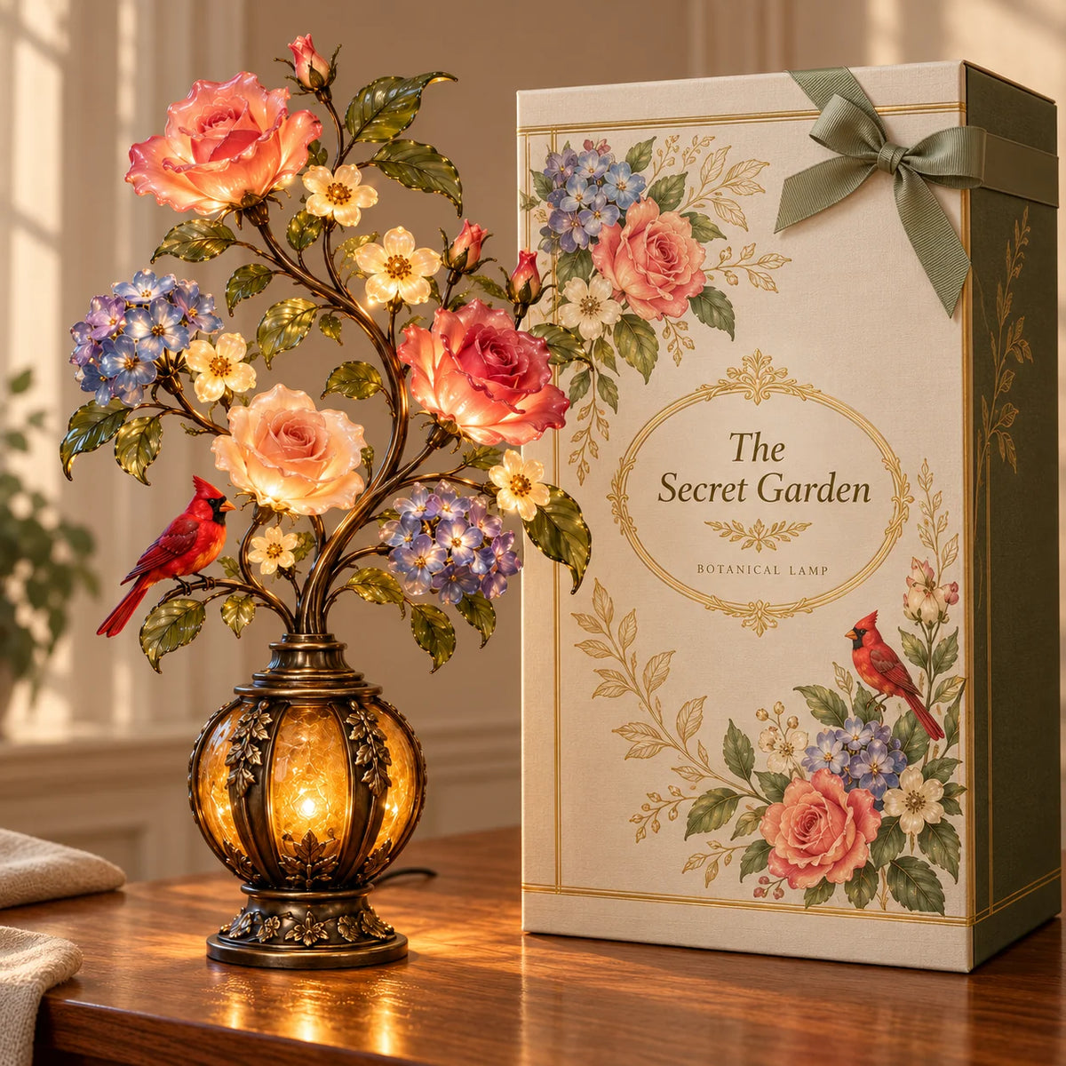 🌹✨ Eternal Bloom – Vintage Rose & Cardinal Table Lamp