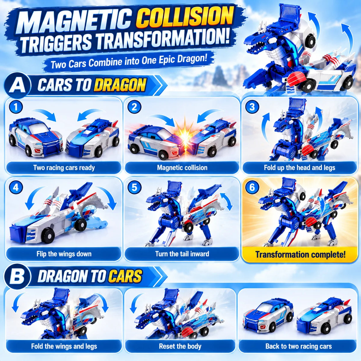 Magnetic Transforming Dragon Race Car! 2-in-1 Transformable Dragon & Racing Vehicle Toy🚗