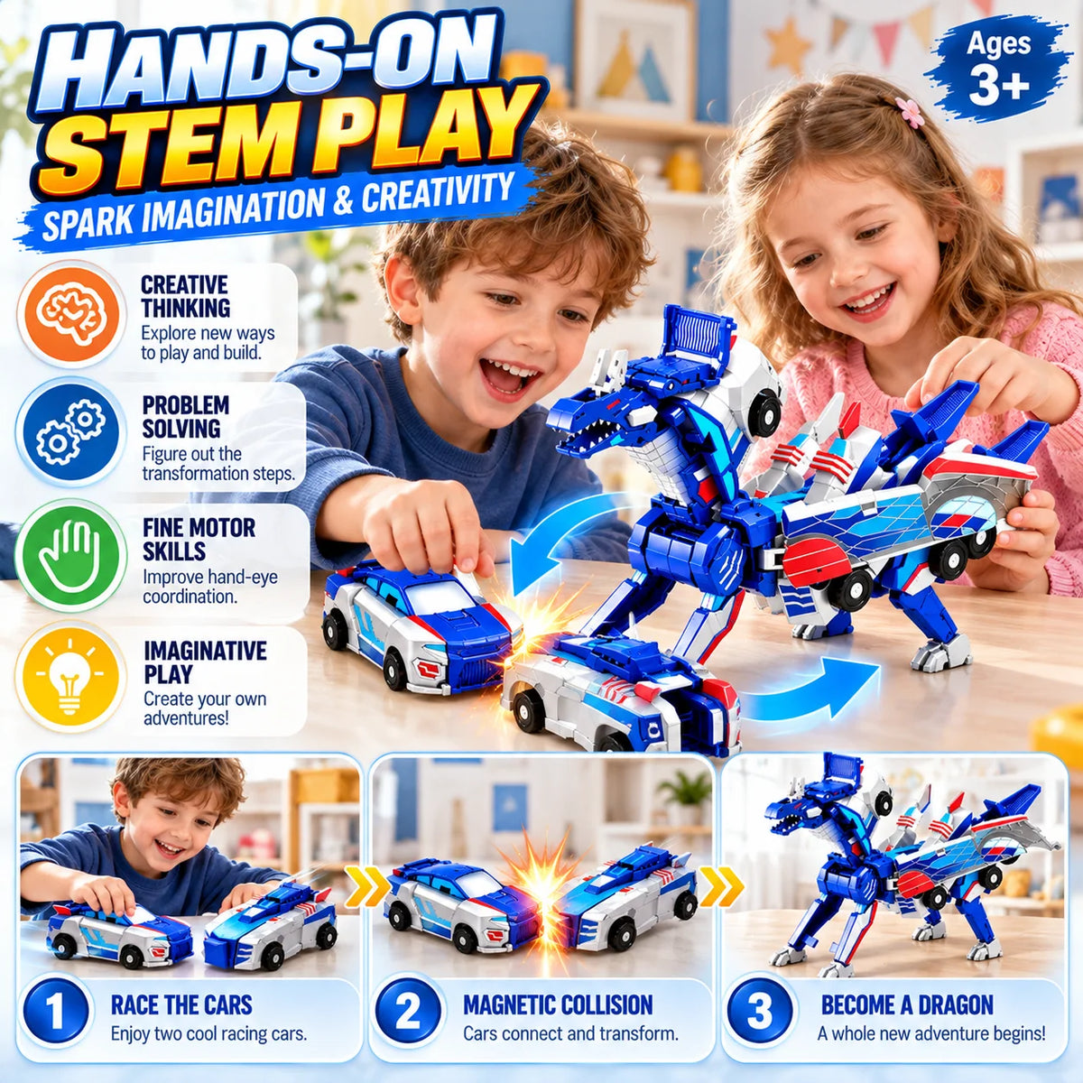 Magnetic Transforming Dragon Race Car! 2-in-1 Transformable Dragon & Racing Vehicle Toy🚗
