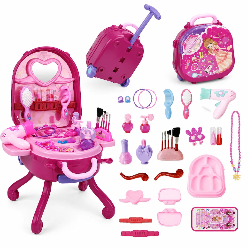 ✨ 3-in-1 Princess Vanity Suitcase — 30 Makeup Toys & Rolling Trolley 🧳