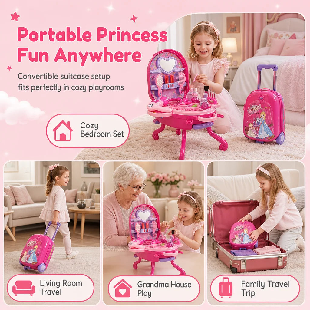 ✨ 3-in-1 Princess Vanity Suitcase — 30 Makeup Toys & Rolling Trolley 🧳