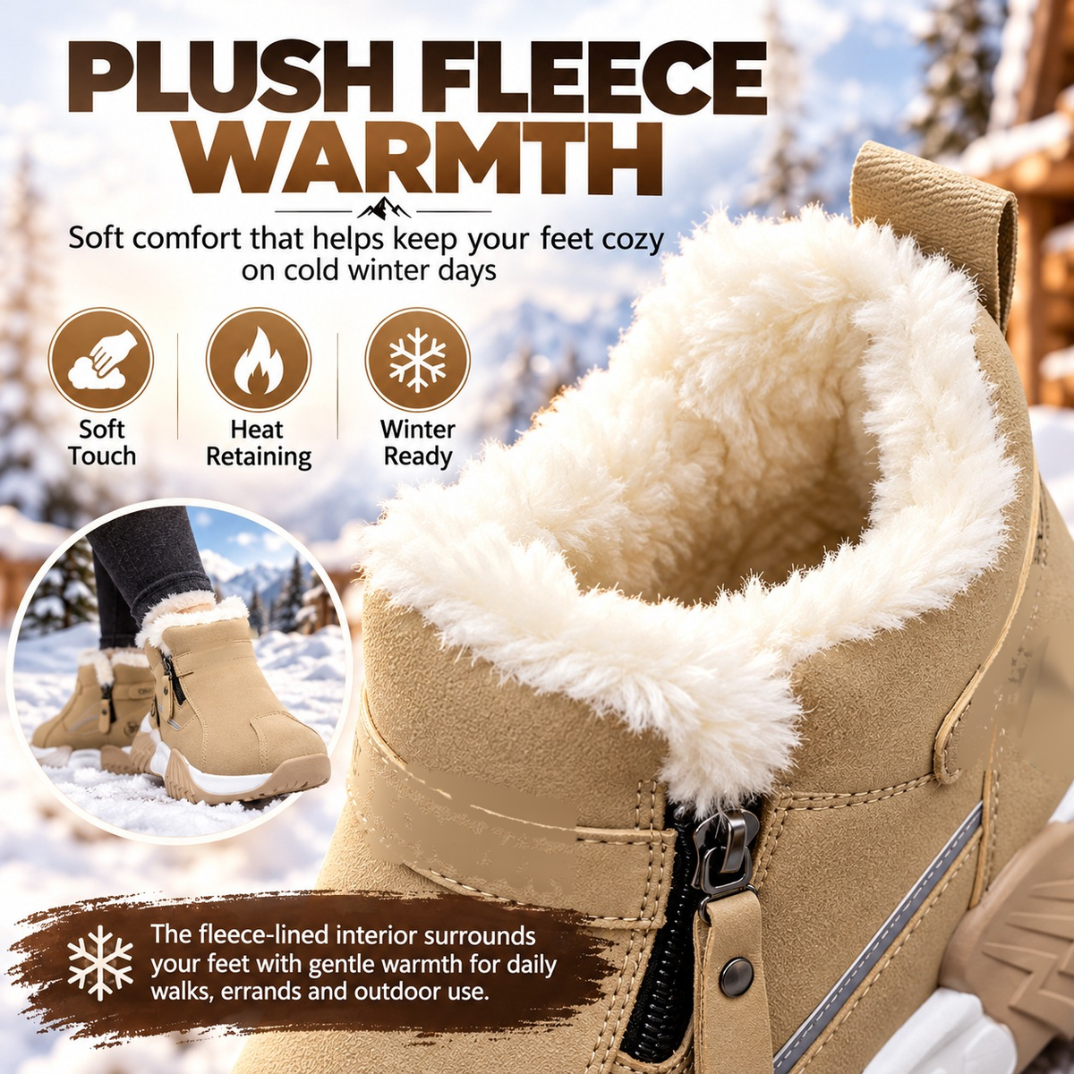 ❄️ Fleece-Lined Winter Snow Boots – Cozy Warm Ankle Boots with Side Zipper & Textured Sole
