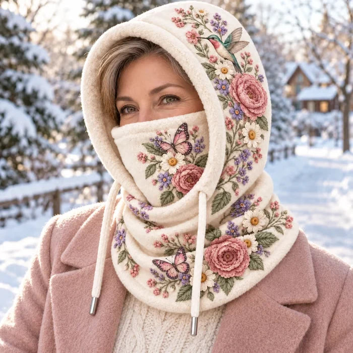 🌸 Women’s Floral 3-in-1 Winter Hood – Fleece-Lined Embroidered Hat, Face Cover & Neck Warmer
