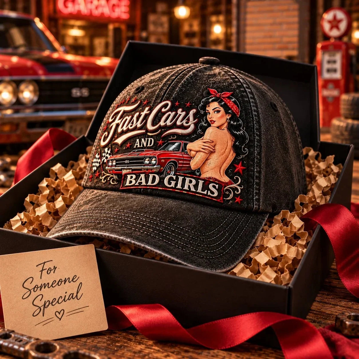 🏁 Fast Cars and Bad Girls Baseball Cap — Retro Muscle Car Style with a Bold Pin-Up Attitude