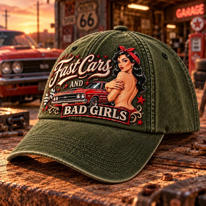 🏁 Fast Cars and Bad Girls Baseball Cap — Retro Muscle Car Style with a Bold Pin-Up Attitude