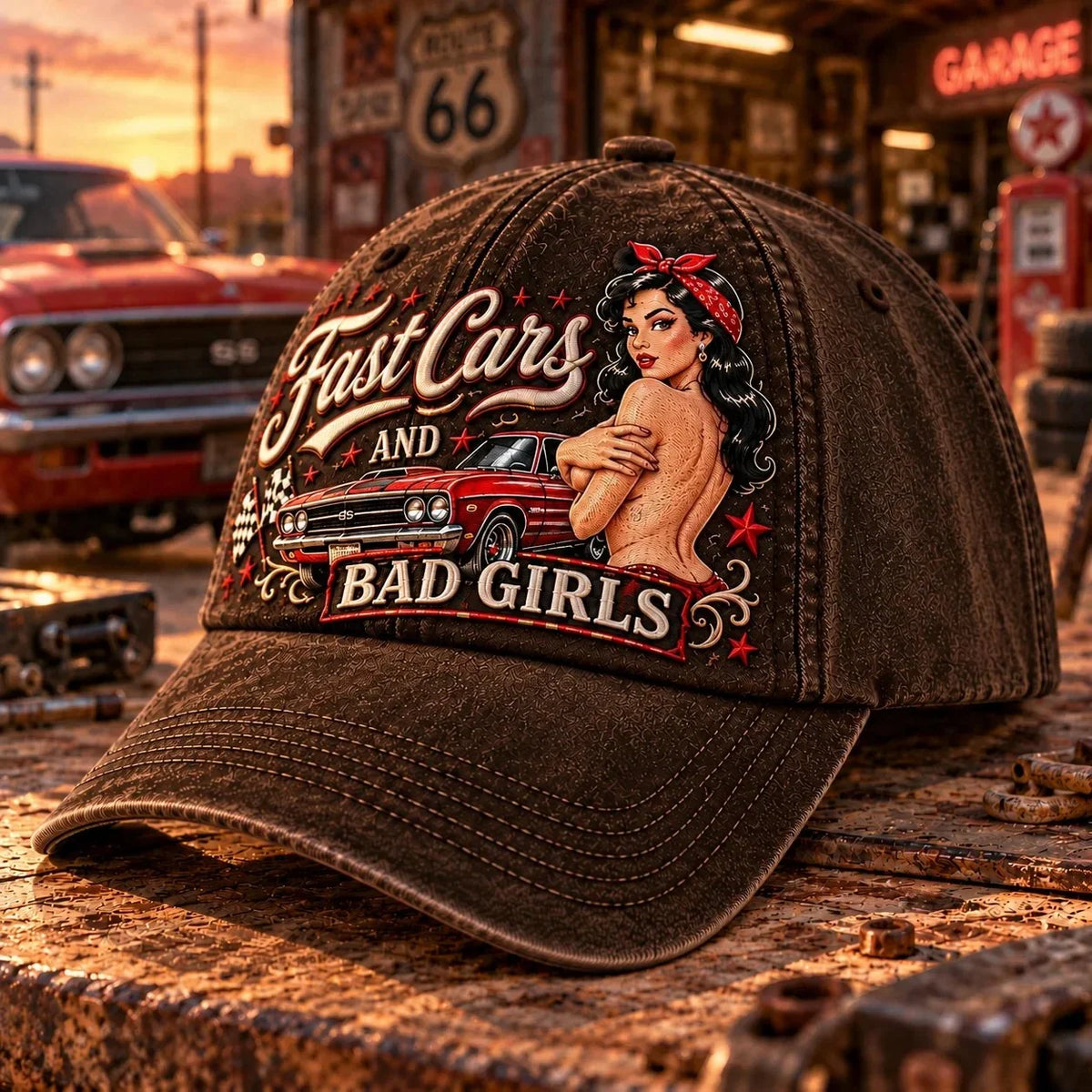 🏁 Fast Cars and Bad Girls Baseball Cap — Retro Muscle Car Style with a Bold Pin-Up Attitude