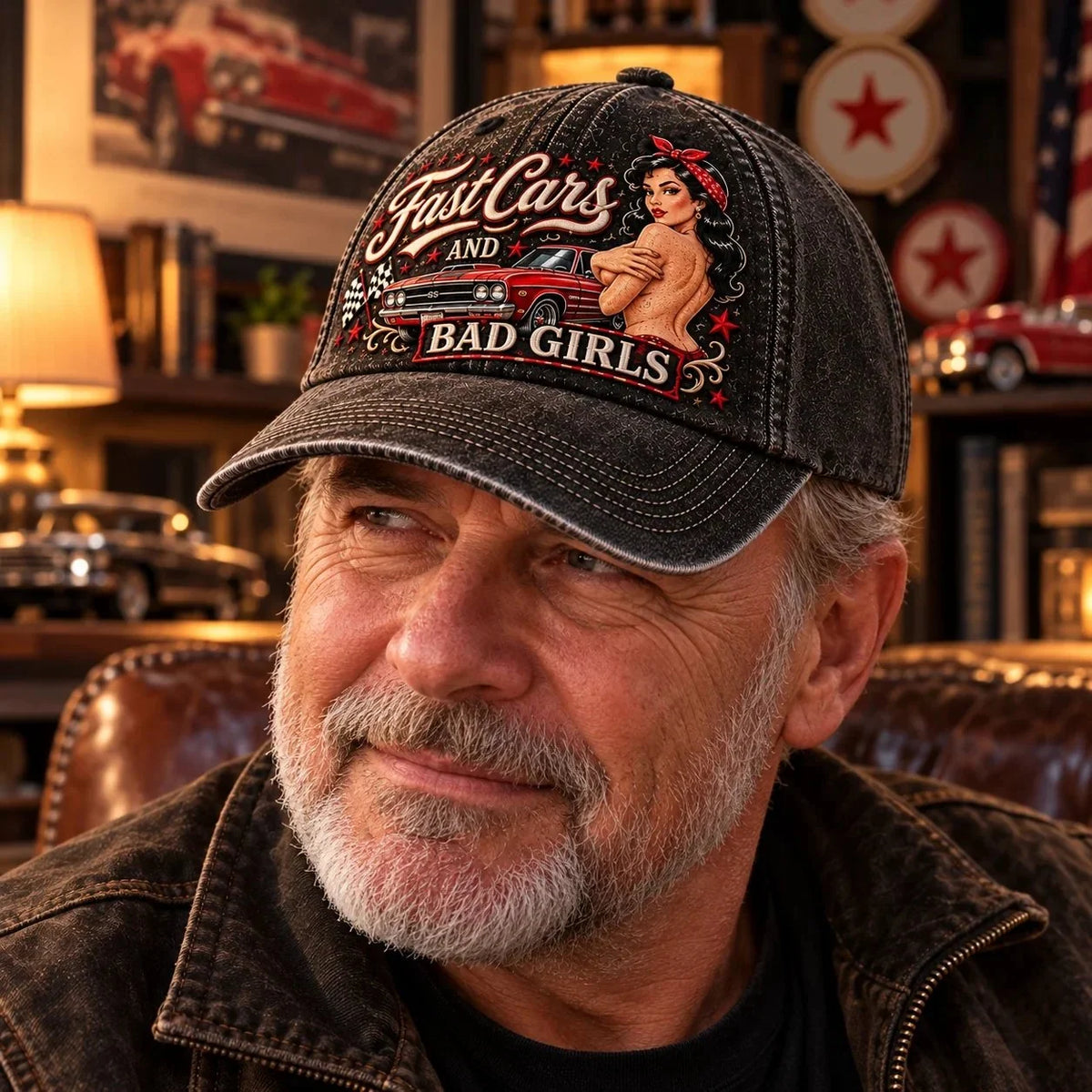 🏁 Fast Cars and Bad Girls Baseball Cap — Retro Muscle Car Style with a Bold Pin-Up Attitude