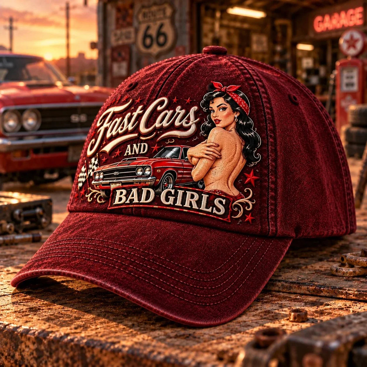 🏁 Fast Cars and Bad Girls Baseball Cap — Retro Muscle Car Style with a Bold Pin-Up Attitude