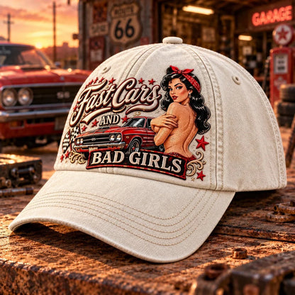 🏁 Fast Cars and Bad Girls Baseball Cap — Retro Muscle Car Style with a Bold Pin-Up Attitude