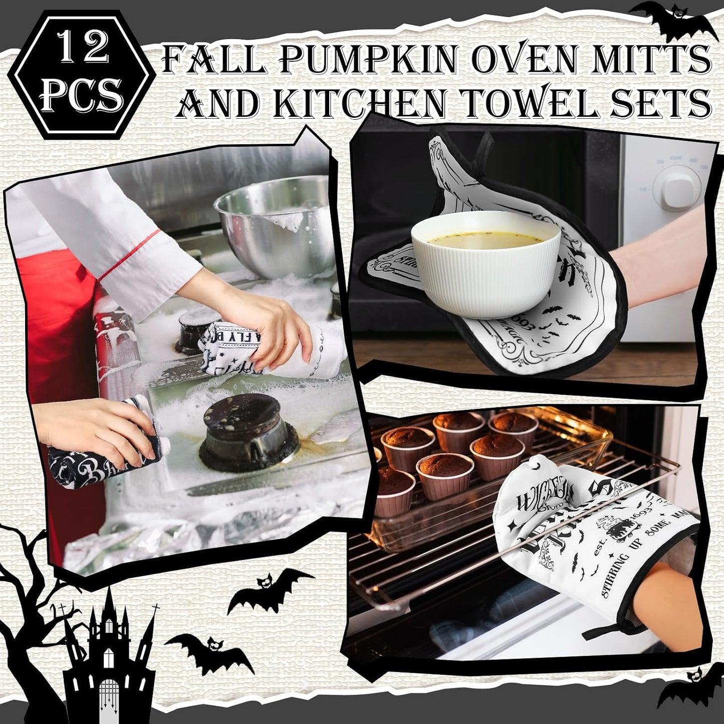 12-Piece Halloween Kitchen Decor Towel and Oven Mitt Set🧤