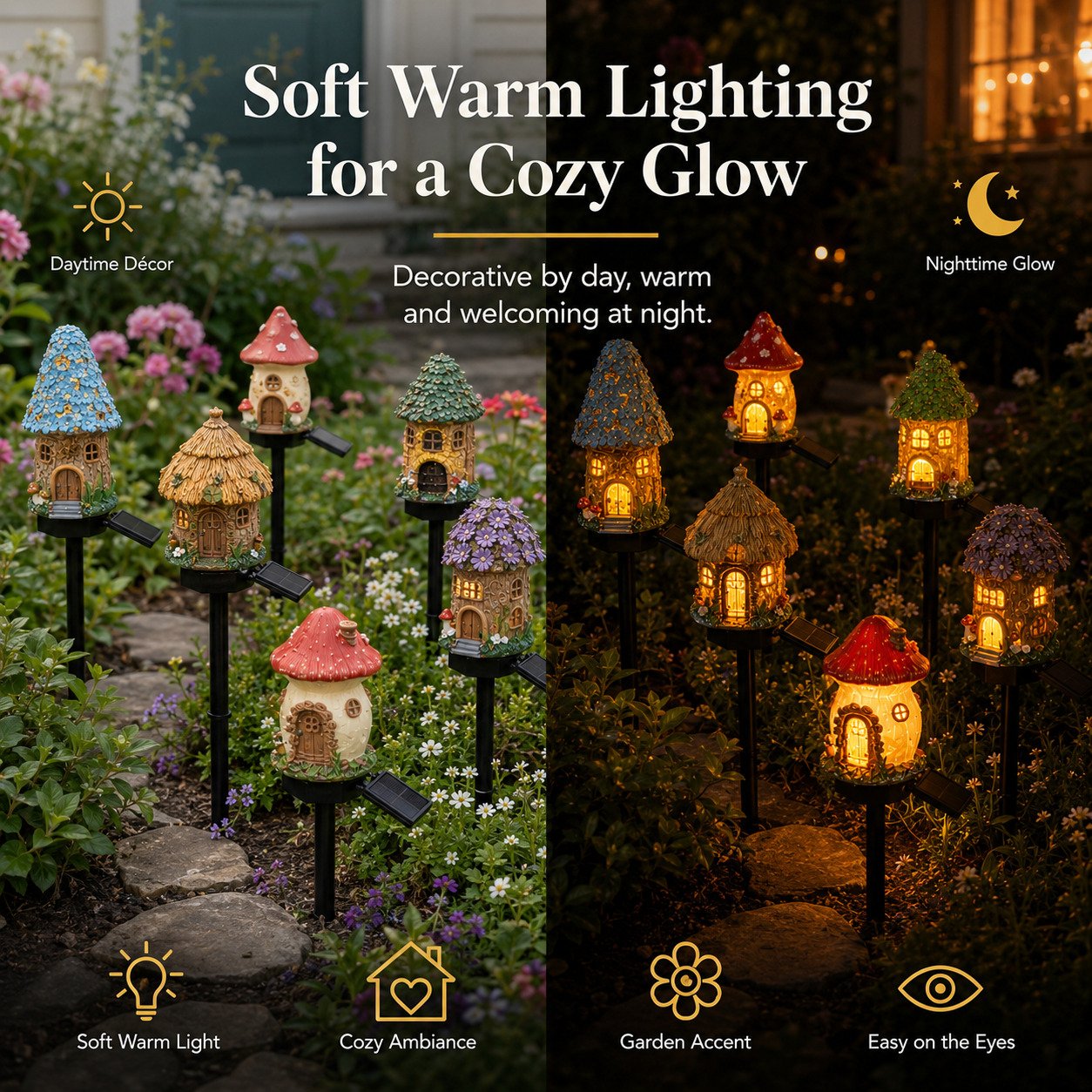 ✨ Solar Mushroom Cottage Garden Light – Warm Fairy-Tale Glow for Flower Beds