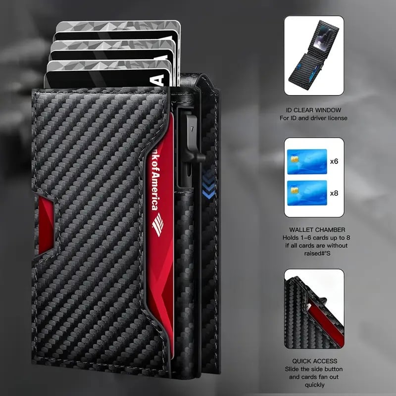 ✨Wallet - With Pop Up Aluminum Case Money Clip Slim Leather Slots Credit Card Holder RFID Blocking Bifold Minimalist Wallet