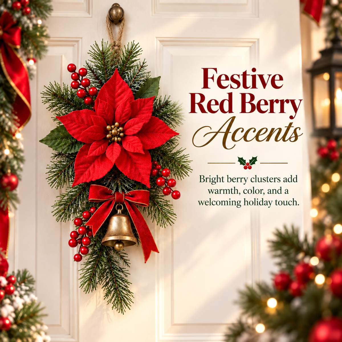 Classic Red Poinsettia Christmas Door Swag
