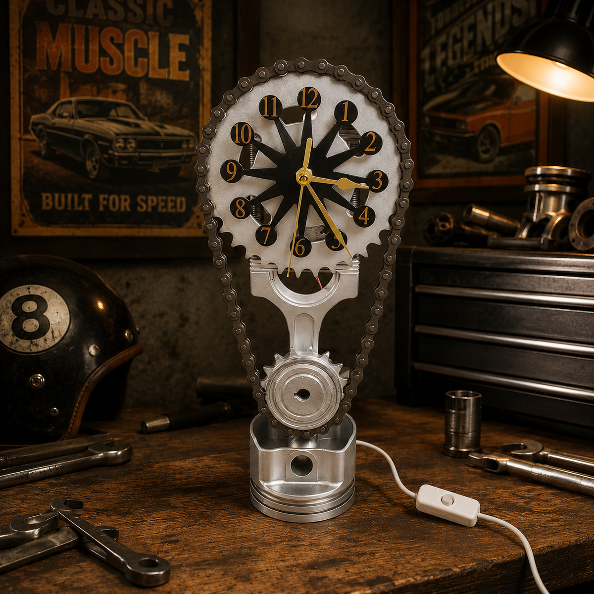 Rotating Timing Chain Gear Clock – Mechanical Piston Desk & Wall Clock