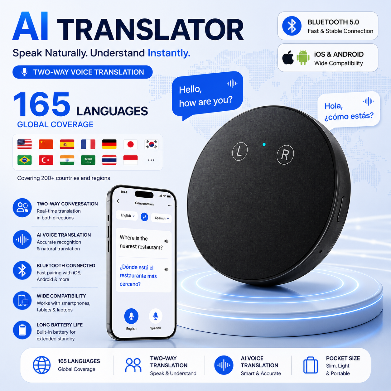 🔥 50% OFF + FREE Shipping! AI Language Translator – Real-Time Two-Way Voice Translation, 96+ Languages, iOS & Android Compatible