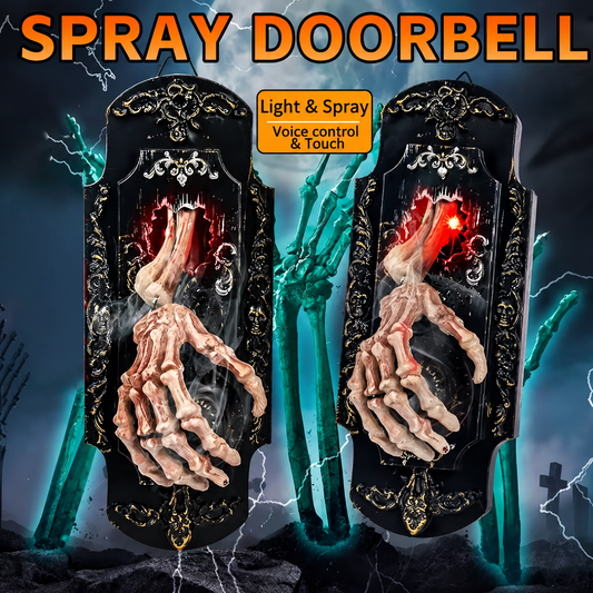 👻Halloween Skeleton Hand Spray Doorbell – The Ultimate Haunted Porch Decoration with Spooky Mist & Red Light Effects