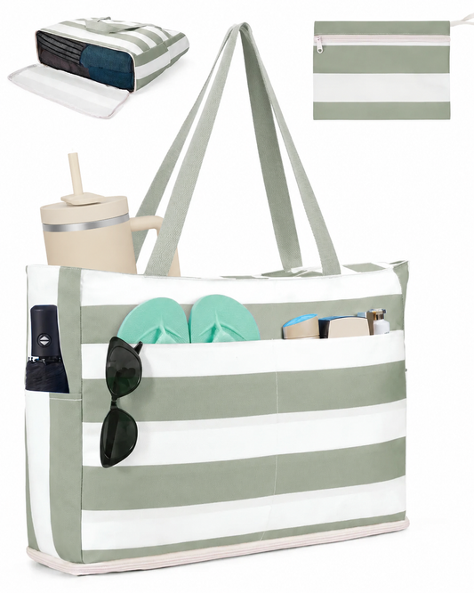 Large Mesh Beach Bag with 40oz Tumbler Pocket and Zipper Closure