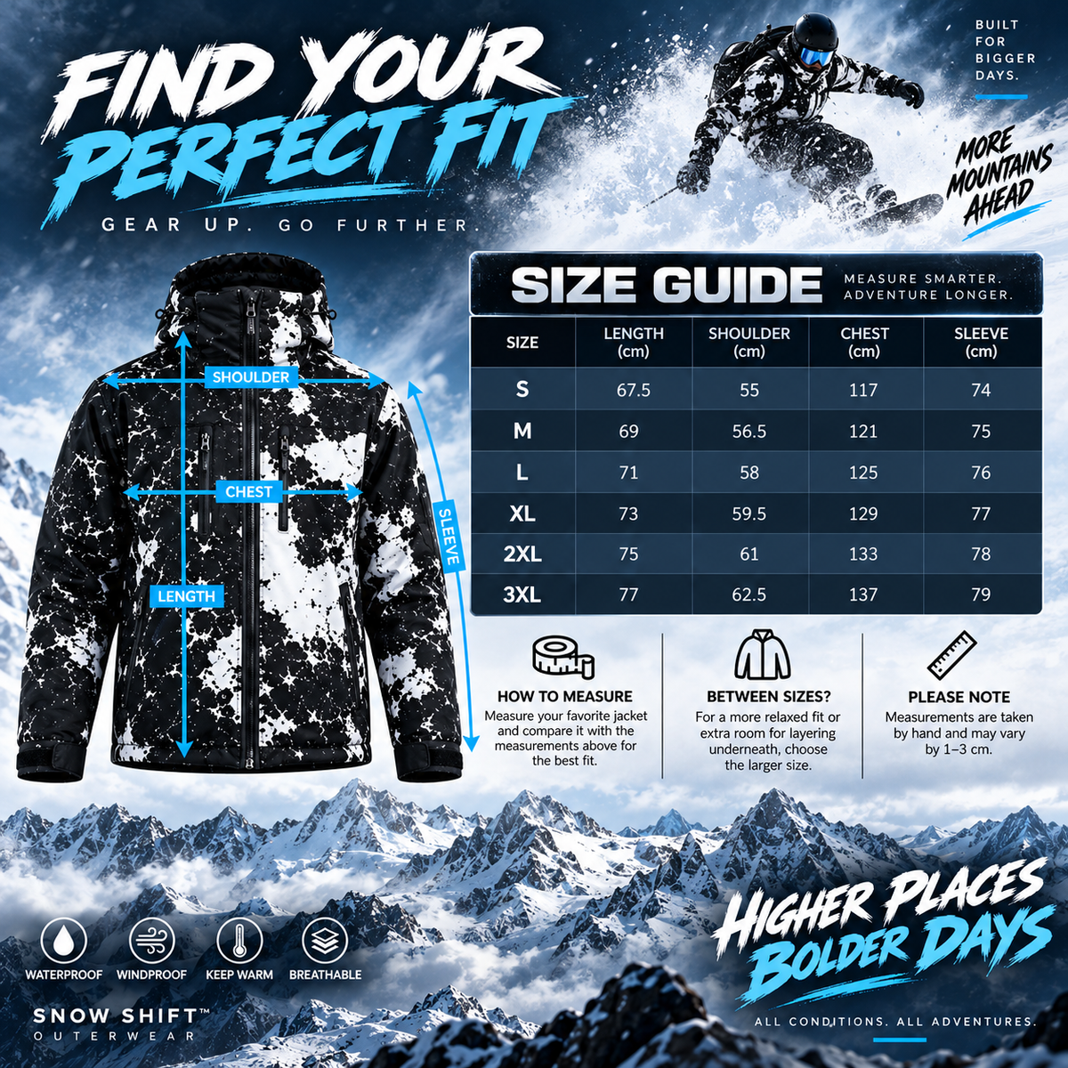 Winter reactive jacket size guide S to 3XL