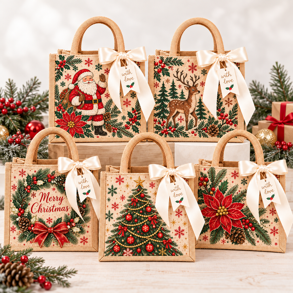 🎁 Vintage Christmas Burlap Gift Tote Bag – Reusable Rustic Holiday Gift Bag with Ribbon & Gift Tag
