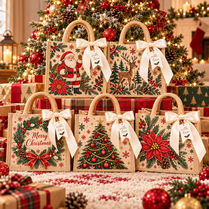 🎁 Vintage Christmas Burlap Gift Tote Bag – Reusable Rustic Holiday Gift Bag with Ribbon & Gift Tag