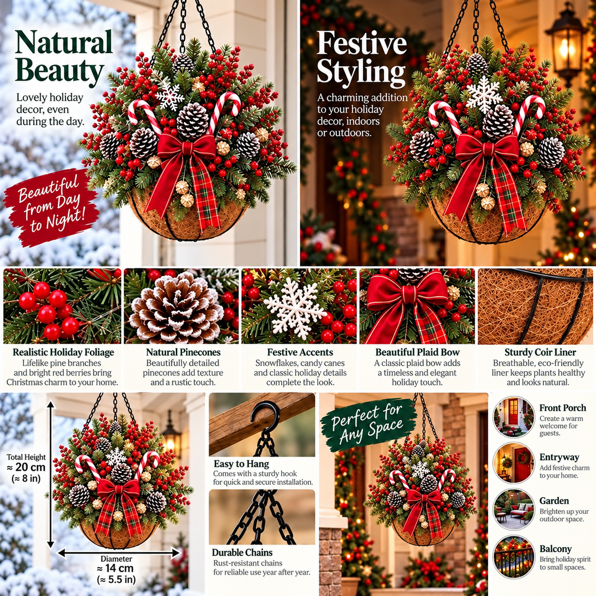 Pre-Lit Christmas Hanging Basket | Pre-lit, weather-resistant, and zero maintenance