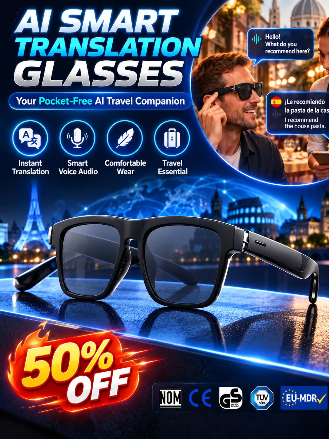 😍👓AI Smart Glasses: 100% Offline Translation Zoom & Explore Smarter.