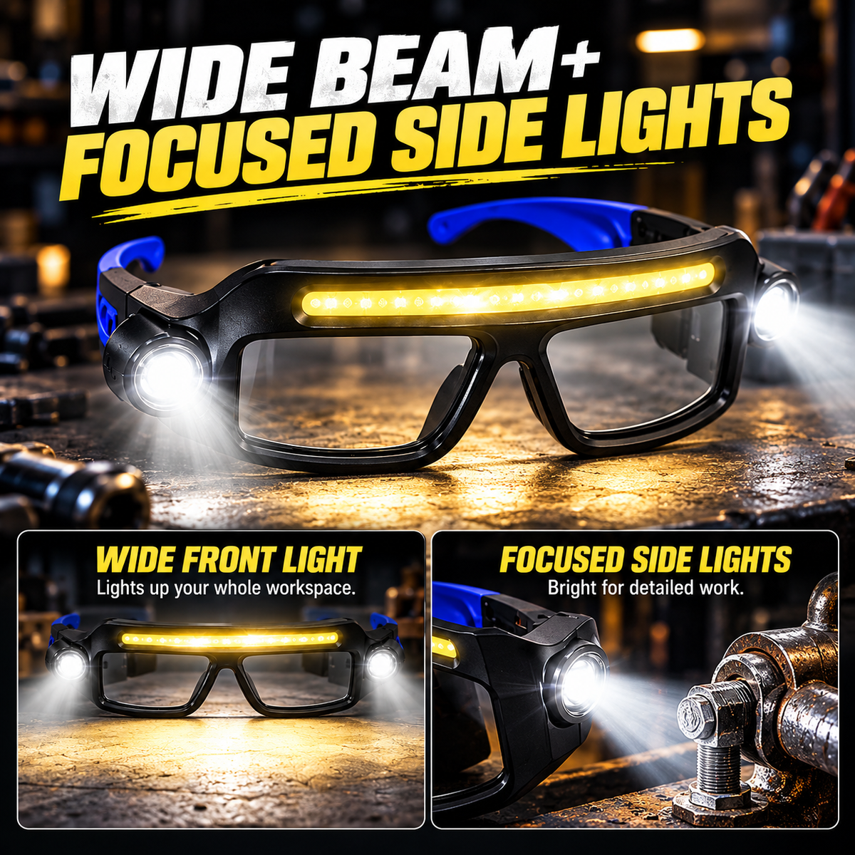 💡 Hands-Free LED Work Glasses – Wide Beam, Side Lights & Over-Glasses Fit
