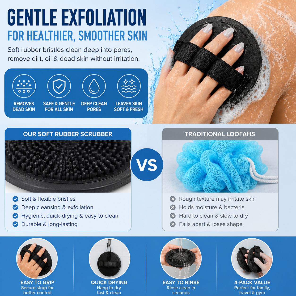 Soft Rubber Shower Scrubber for Gentle Exfoliation & Deep Cleansing