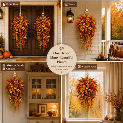 🍂 Artificial Fall Harvest Hanging Basket – Rustic Autumn Porch & Door Decor