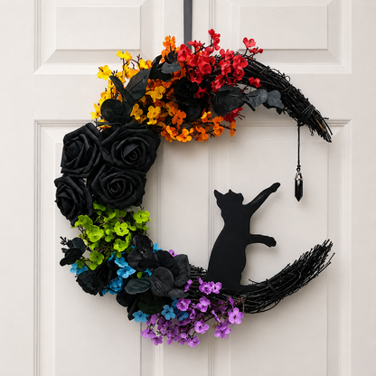 🔥Last Day 50% OFF - Handmade Halloween Cat Wreath🐈‍⬛🌙