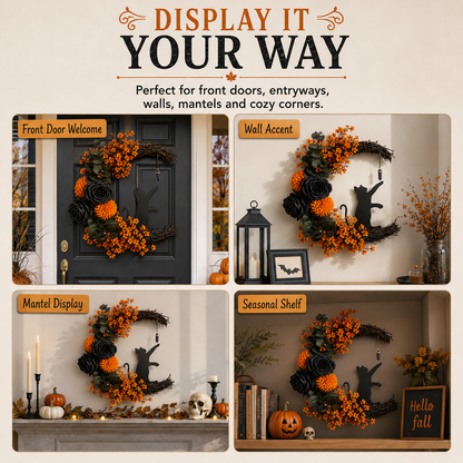 🔥Last Day 50% OFF - Handmade Halloween Cat Wreath🐈‍⬛🌙