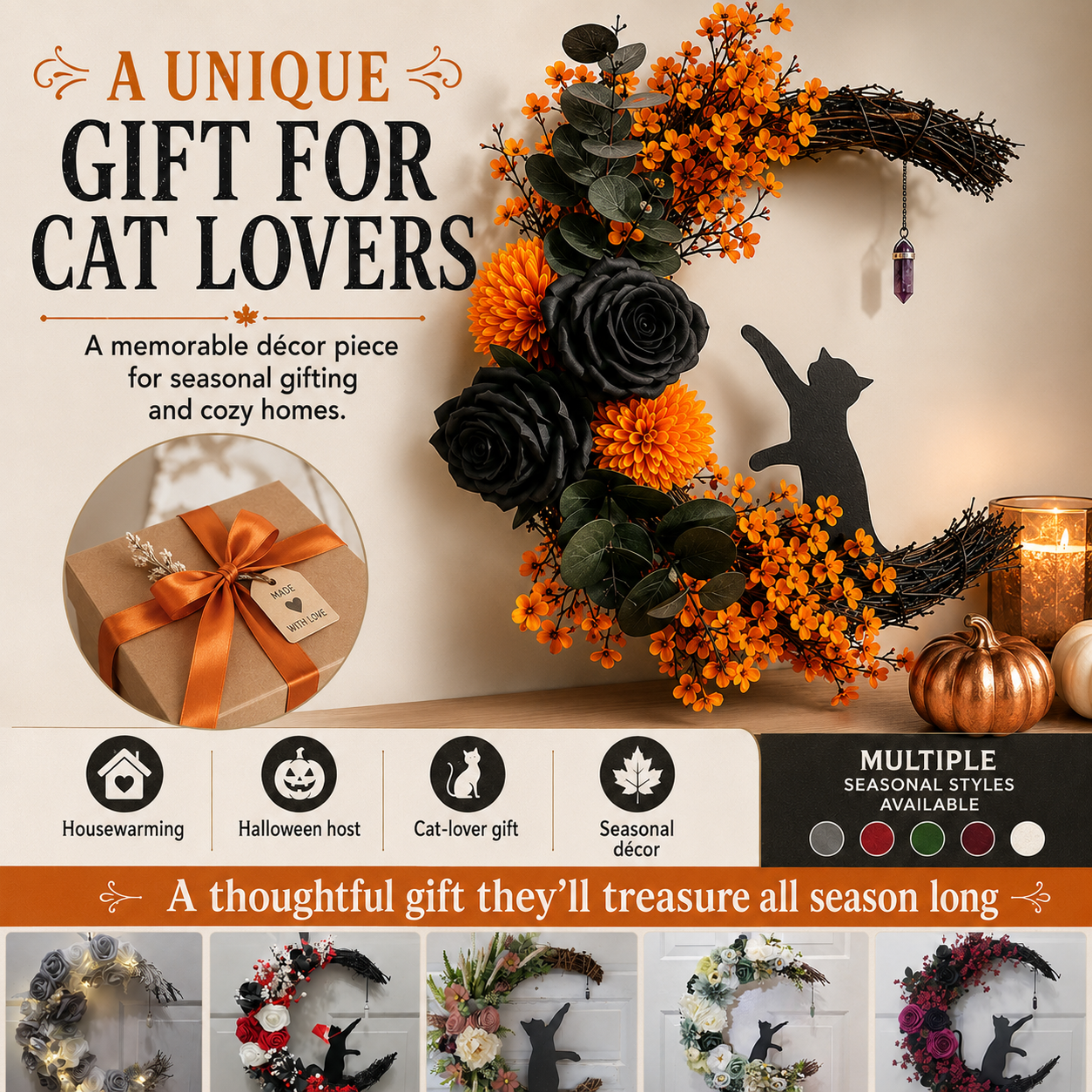 🔥Last Day 50% OFF - Handmade Halloween Cat Wreath🐈‍⬛🌙